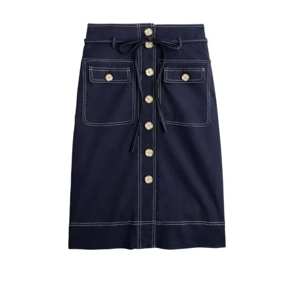 NWT JCrew Button Up Skirt Womens 8 T Tall Navy Blue Straight Stretch Linen NEW - Picture 1 of 15